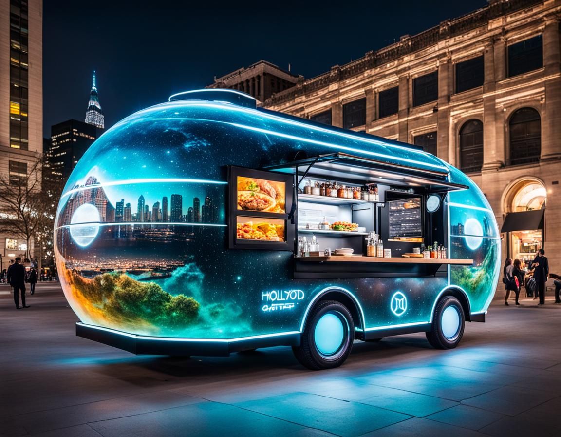 Futuristic Floating Food Trucks in Cyberpunk Style