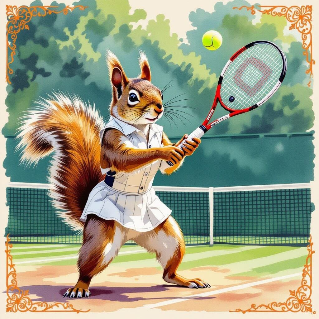 Victorian Squirrel Detective at Wimbledon in Watercolor