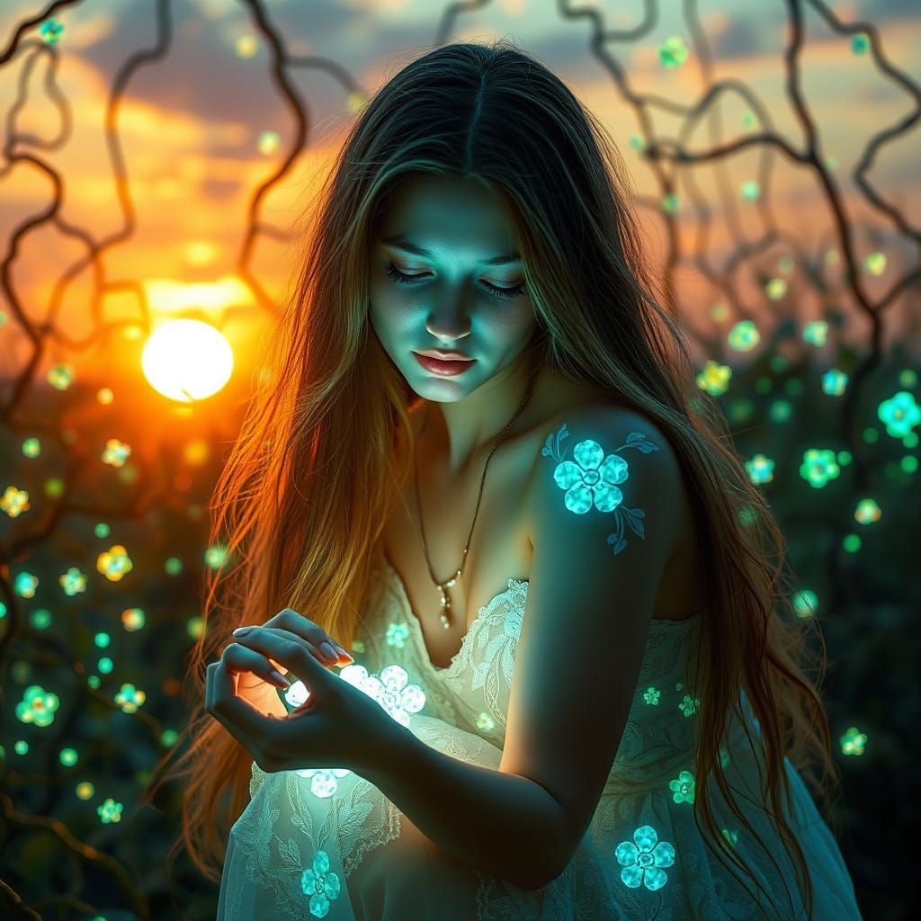 Woman Amidst Glowing Labyrinth of Light in Dreamlike Surreal...