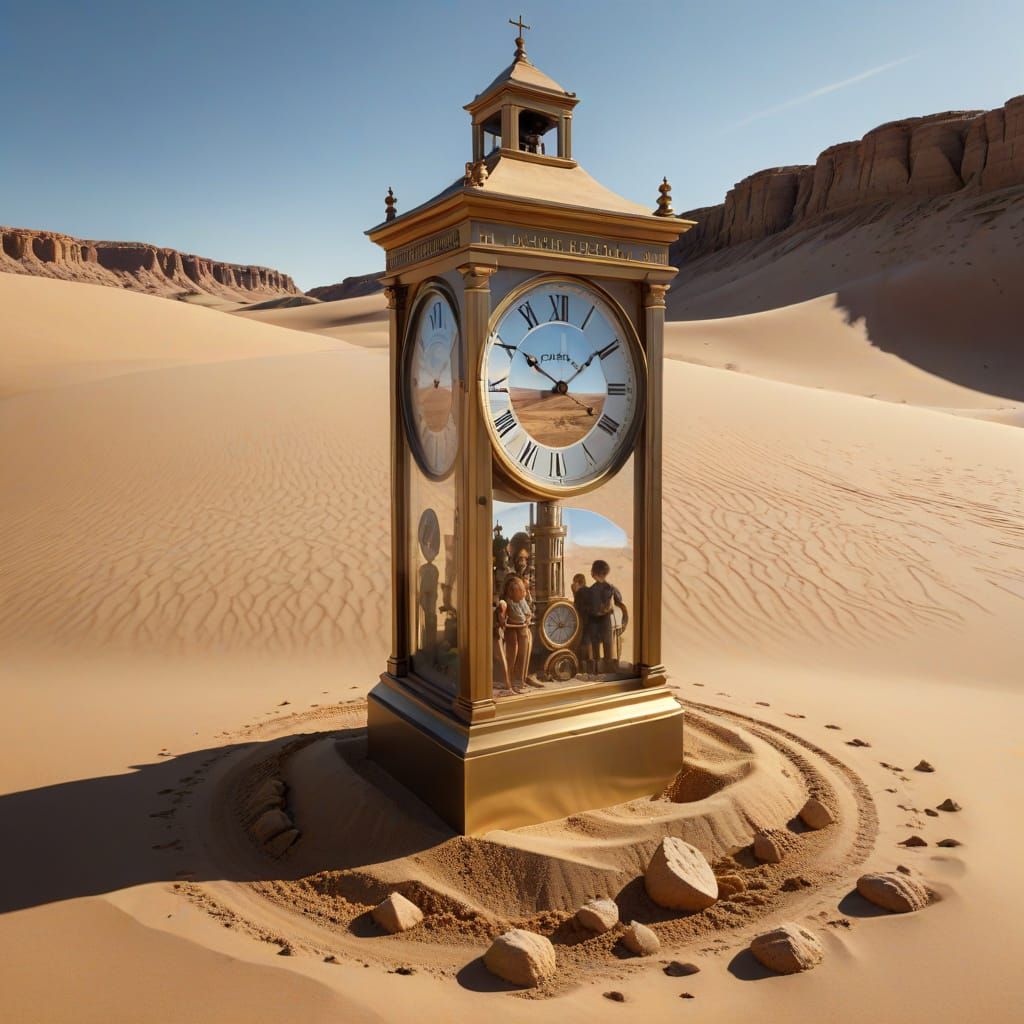 Mysterious Desert Clock Tower Enshrouded in Sand and Mirage