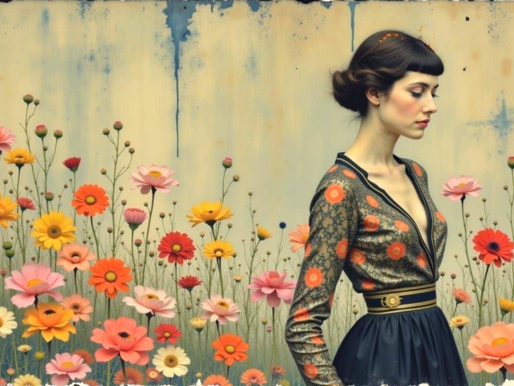 Woman with Floral Background in Klimt Style