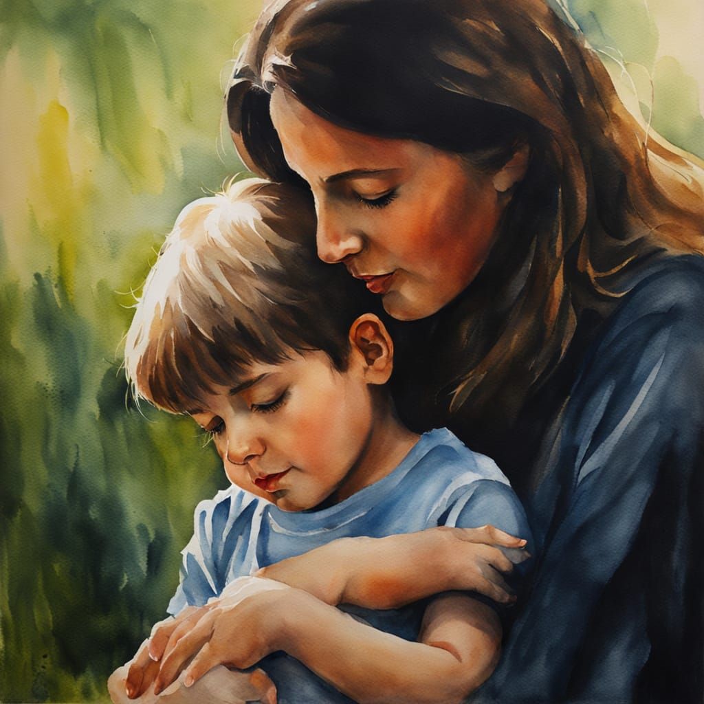 Mother and Son in Soft Watercolor Chiaroscuro
