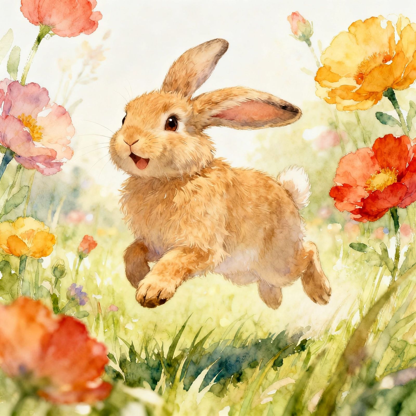 Fluffy Rabbit Hopping Through Colorful Flower Meadow