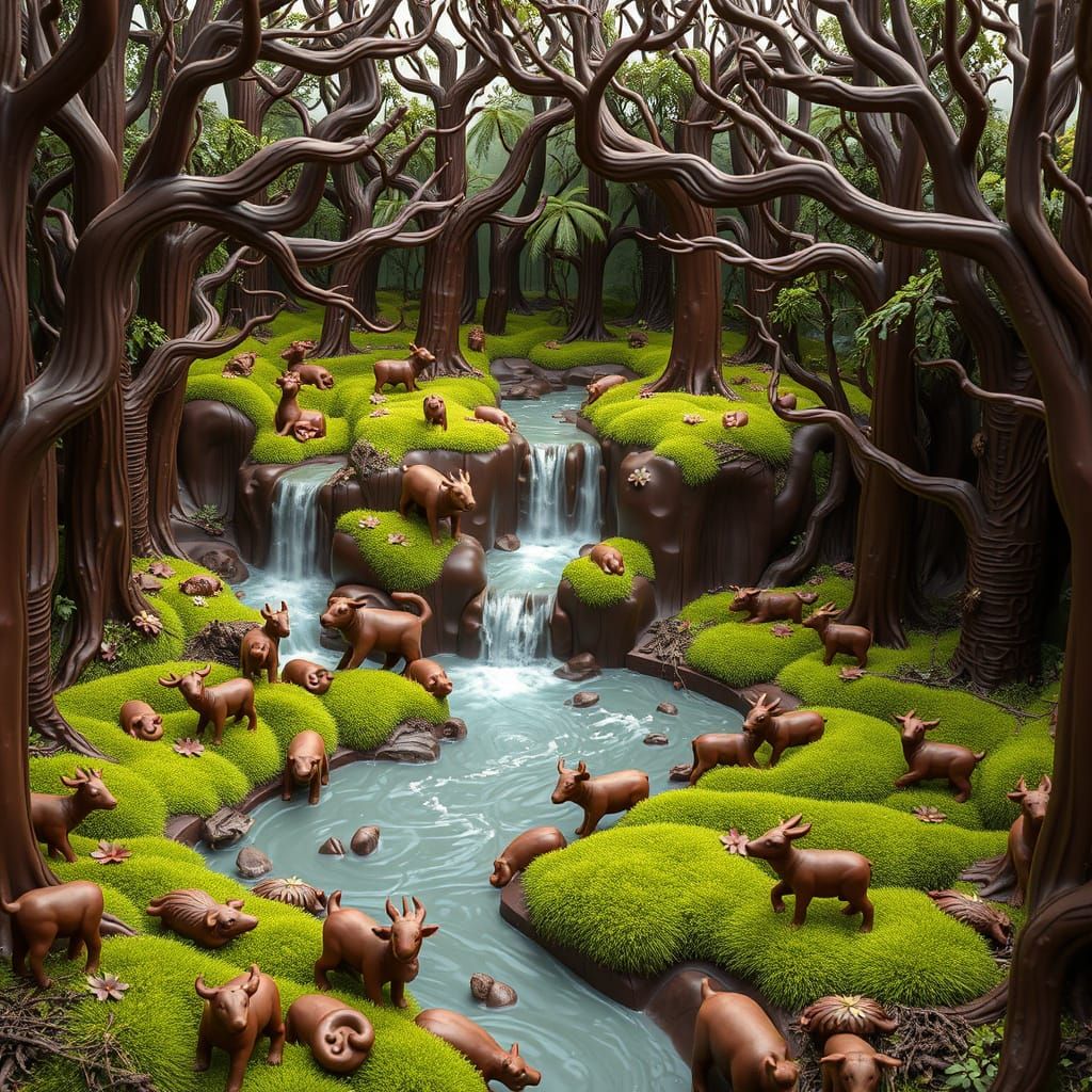 Chocolate Forest with Waterfall, Photorealistic Rendering