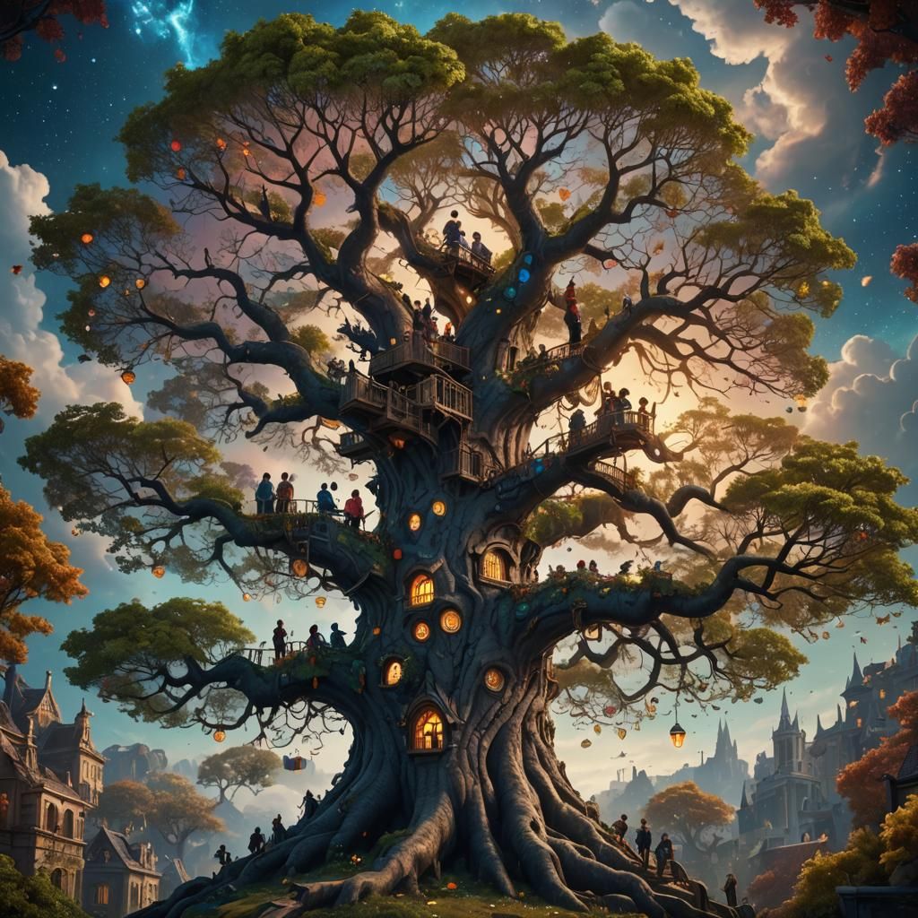 Family in Tree Gazing at Starry Sky