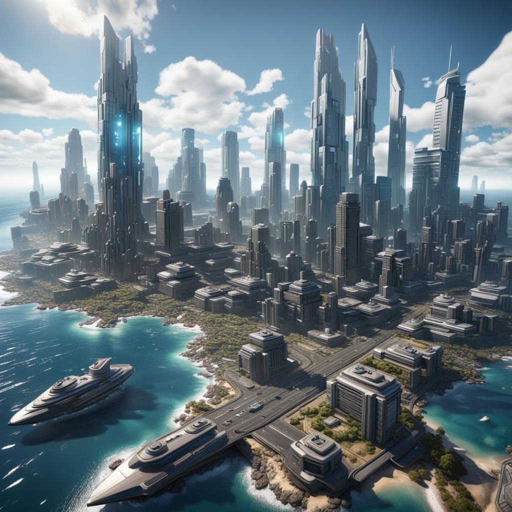 Futuristic High-Tech City on Isolated Ocean Plateau