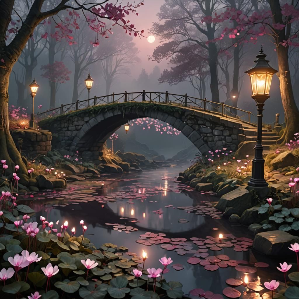 Misty Autumn Woods Nocturne with Cyclamen, Watercolor Style