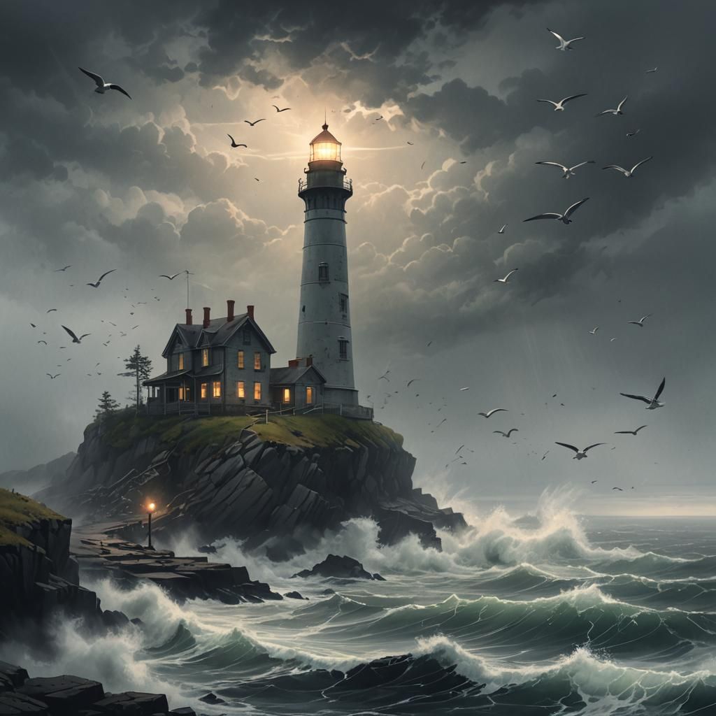 Abandoned Lighthouse on Rocky Cliff in Overcast Sky