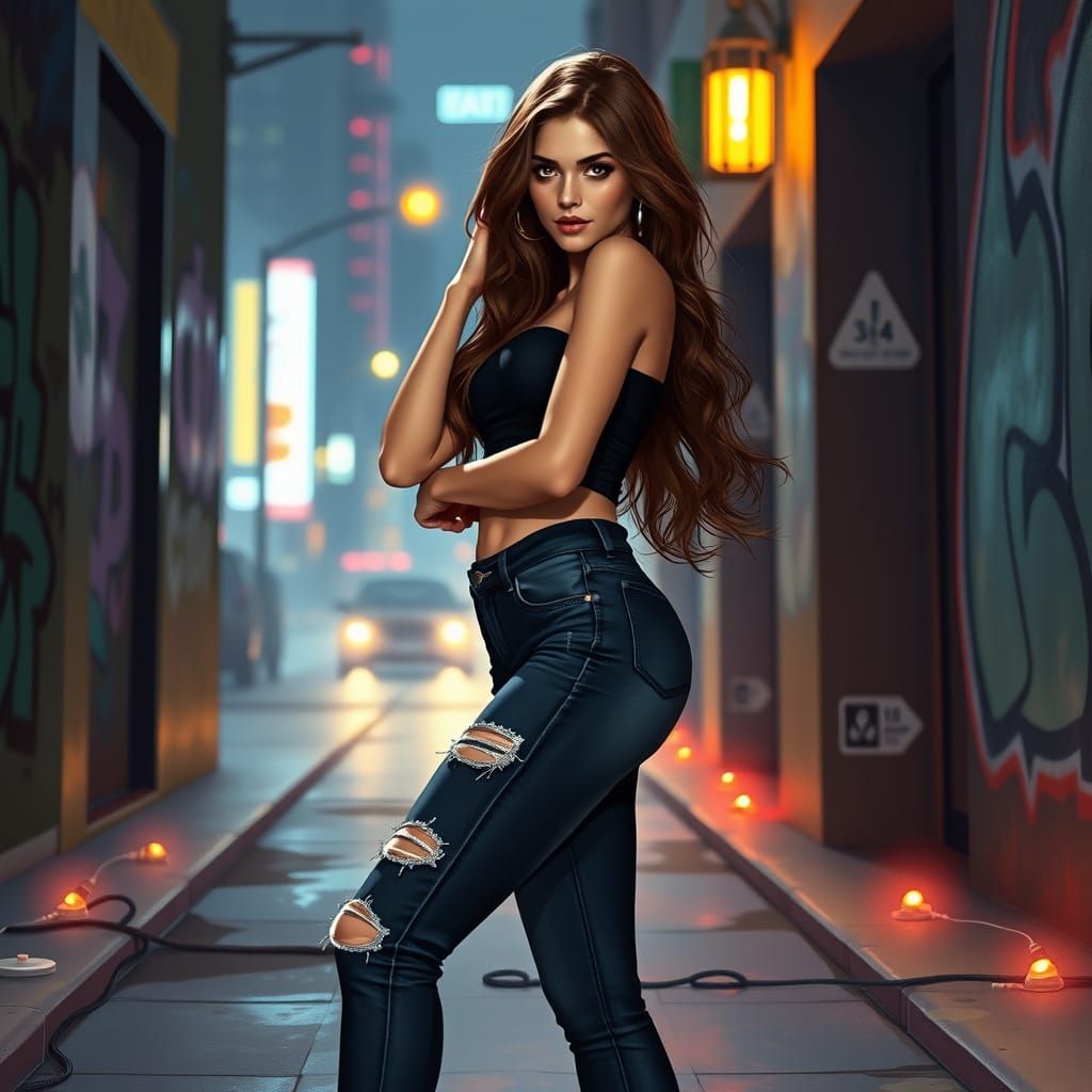 Brunette in Urban Setting, Art Nouveau Style