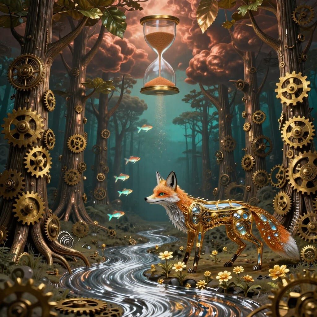 Mechanical Forest with Brass Gears and Liquid Metal River