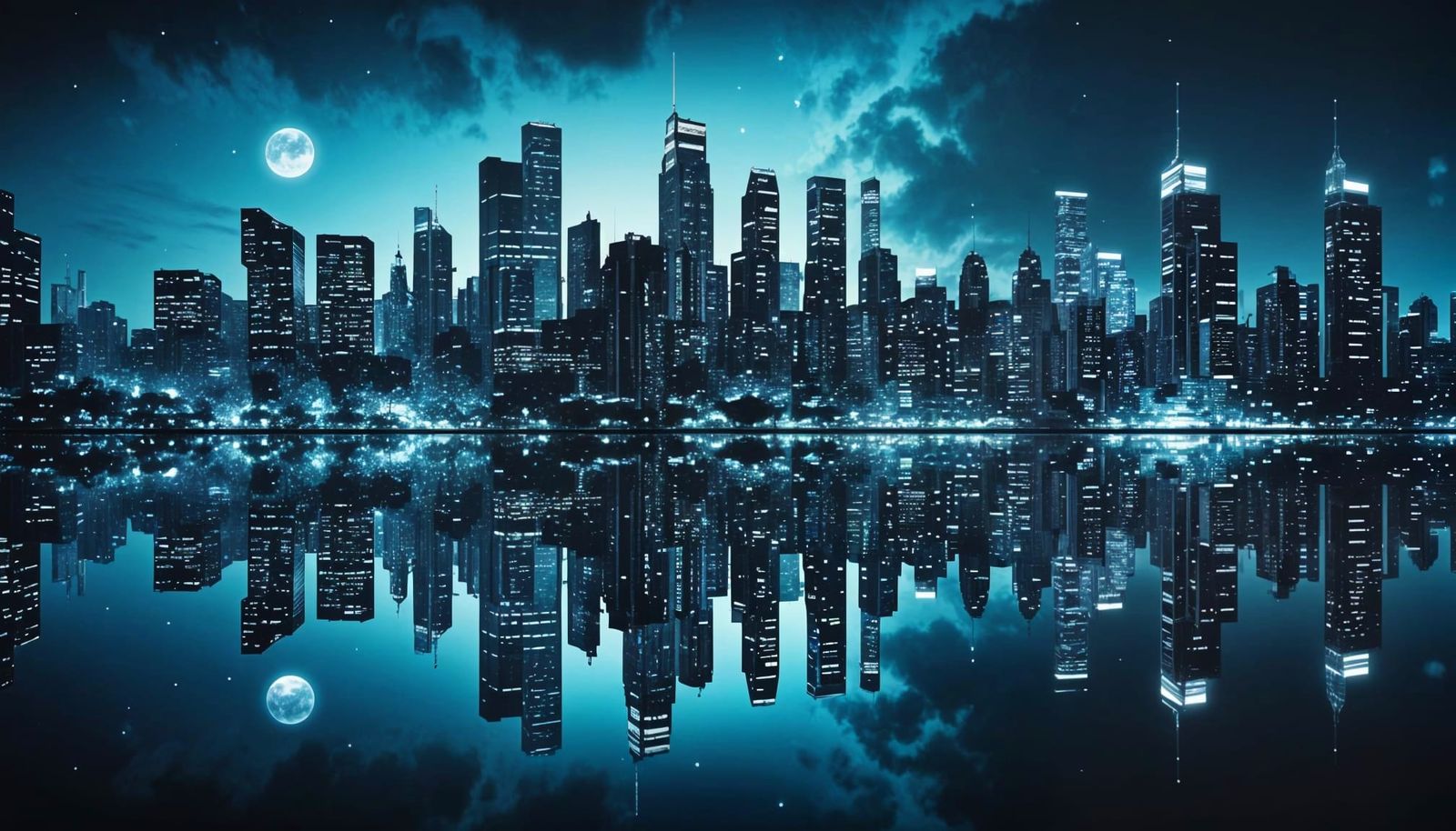Monochrome Blue Cityscape Reflected in Serene Lake