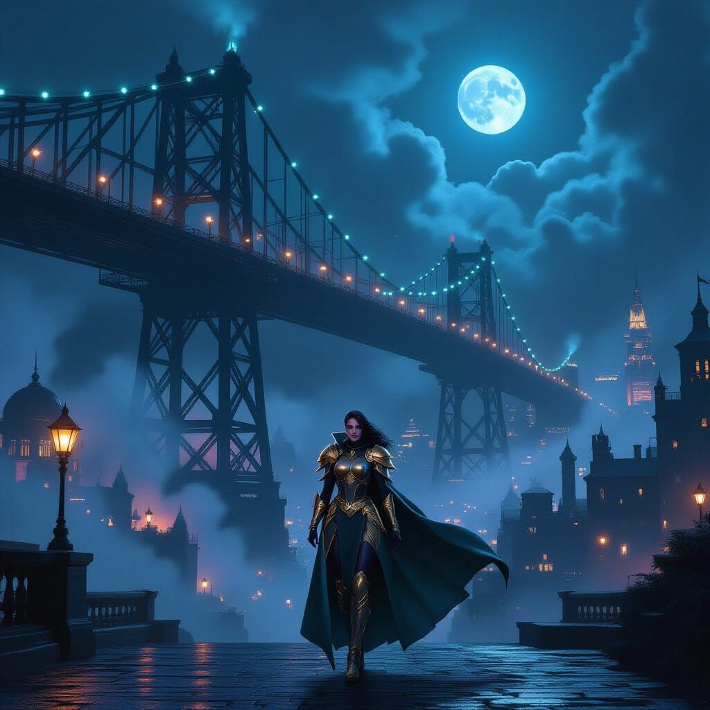 Cinematic Arcane Style Bridge Scene with Woman and Dog
