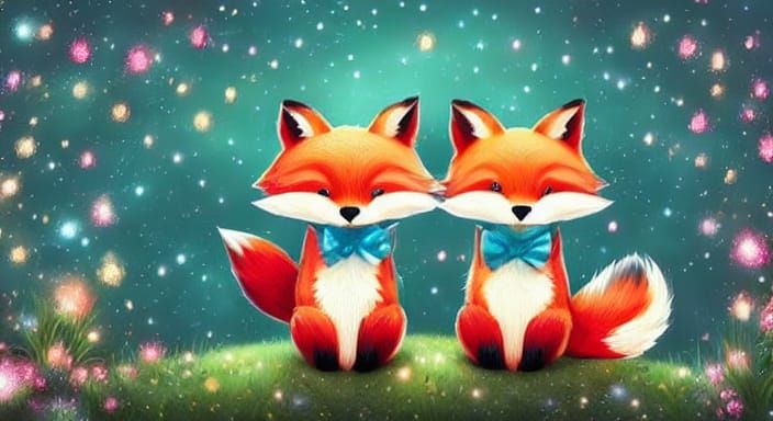 Adorable Cartoon Fox Couple in Whimsical Cosmic Attire