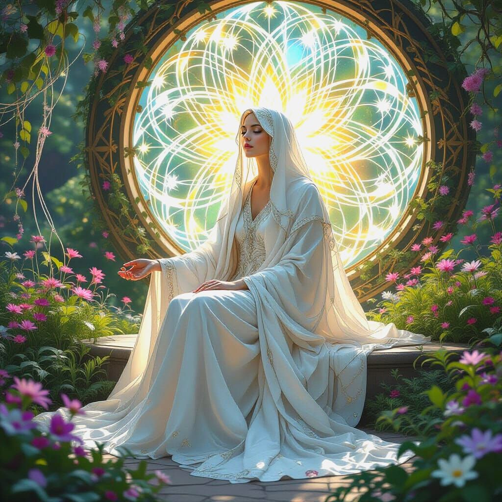 Ethereal Sage in Cosmic Garden, Art Nouveau Style