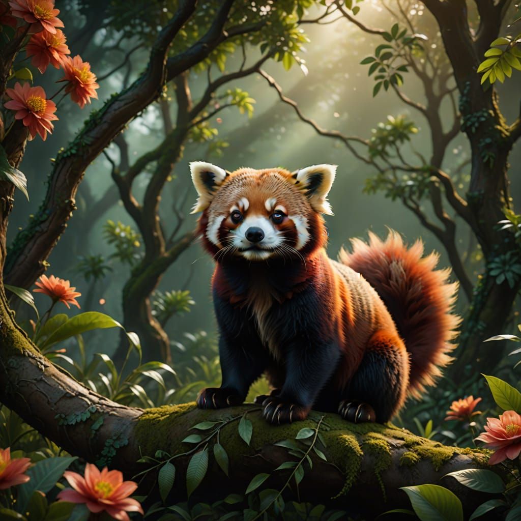 Red Panda and Red Fox Hybrid in Enchanted Forest