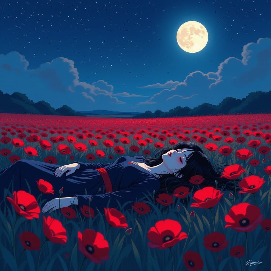 Saya Rests in Crimson Camilla Field Under Starlit Night