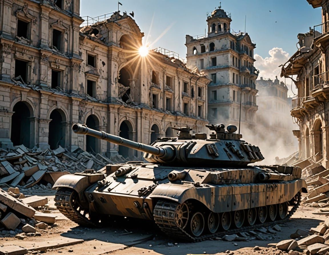 War-Torn Cityscape with a Lone Tank and a Wardog in the Sun