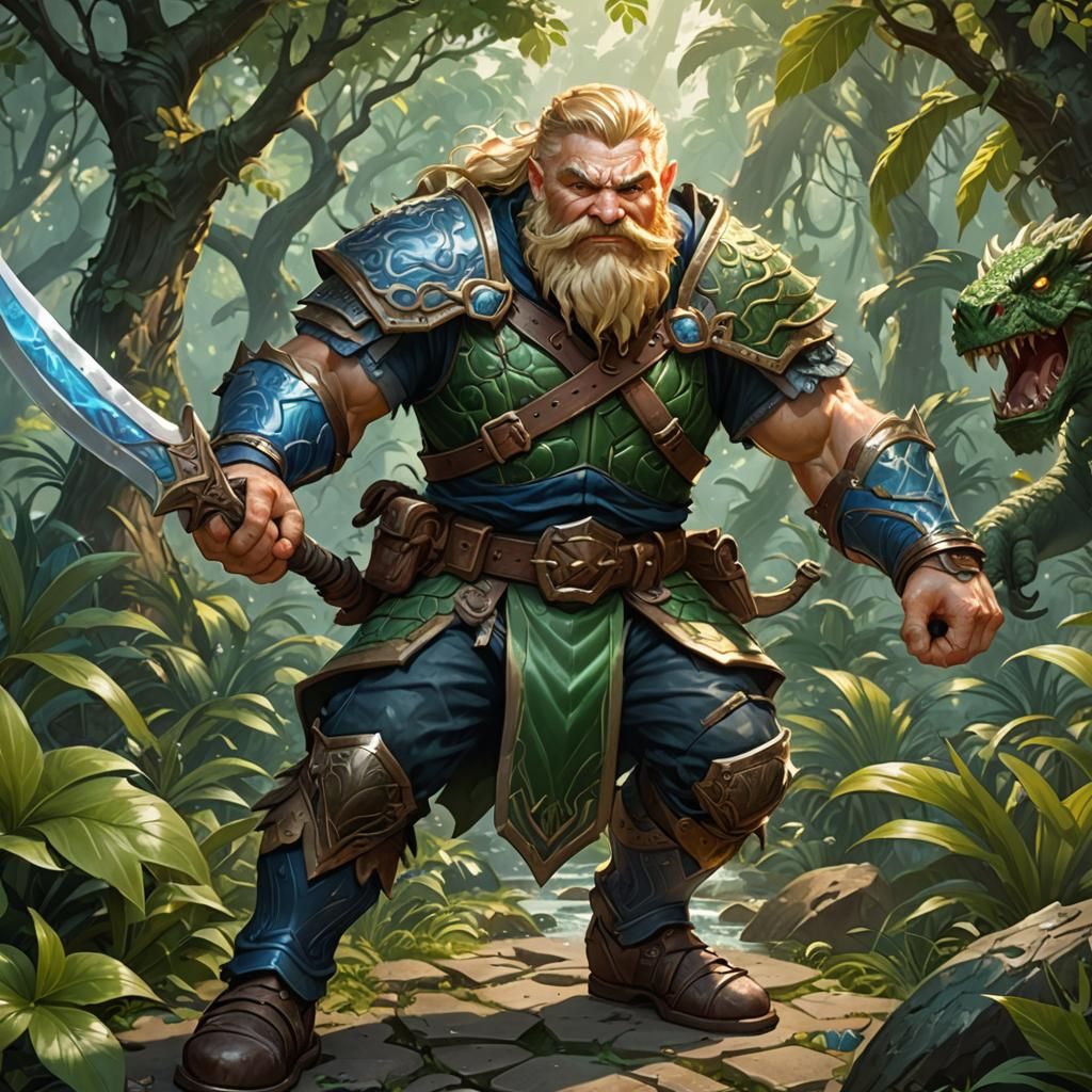 Dwarf Druid Fighting Scaly Monster, Art Nouveau Style