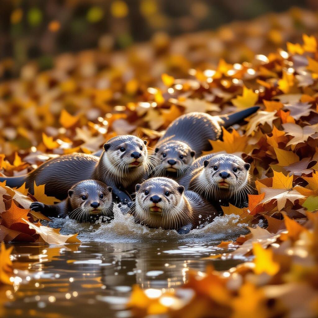 Autumn Otters Sliding Joyfully in Sunshine