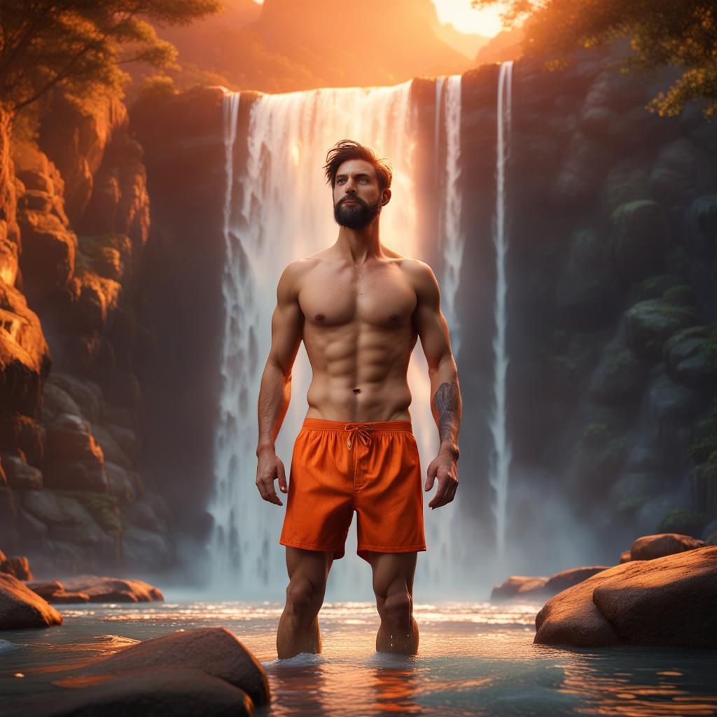 Man in Boxers Under Waterfall: Fantasy Concept Art