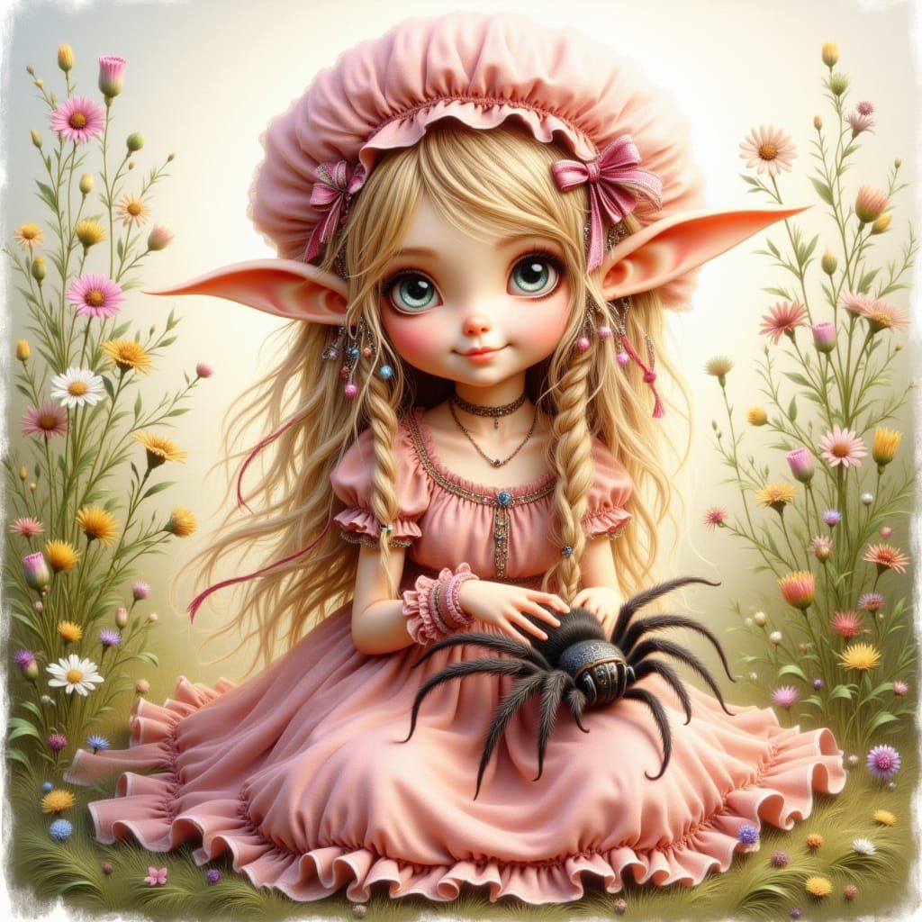 Blonde Girl in Pink Dress Holds Tarantula, Whimsical Waterco...