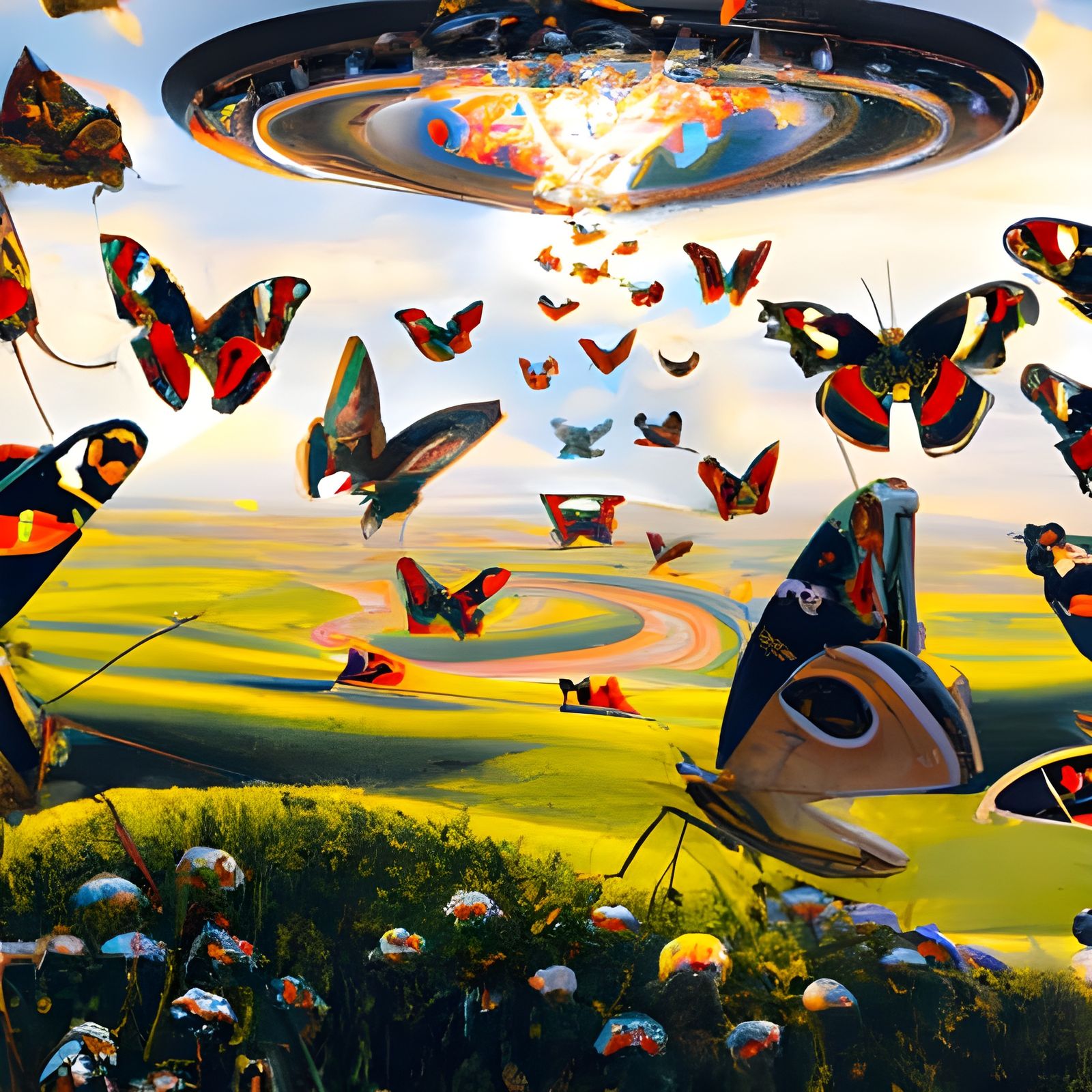 Kaleidoscopic Butterflies Over Sunlit Meadow: Hyperrealistic...