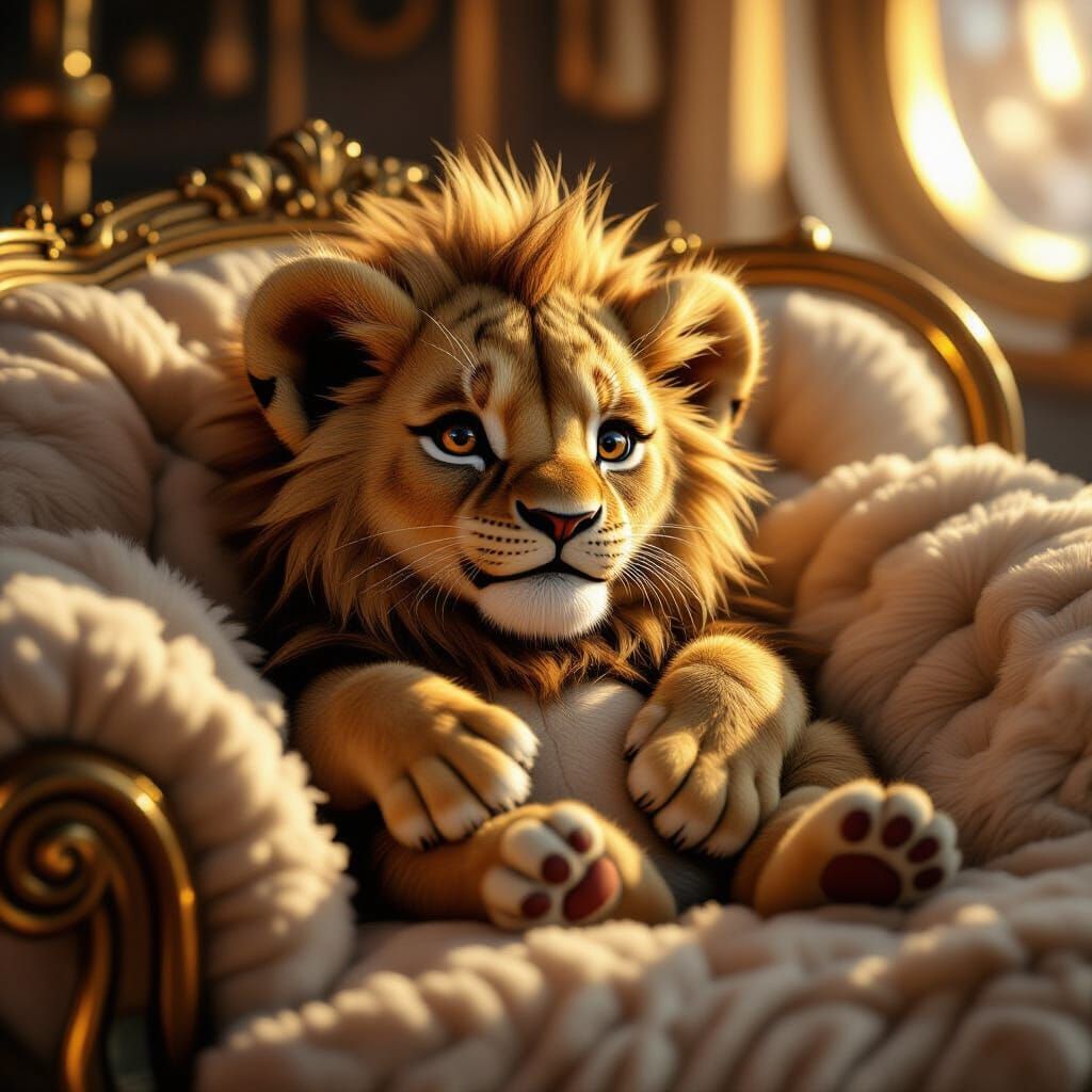 Futuristic Baby Lion Lounging: 8K Cinematic Render