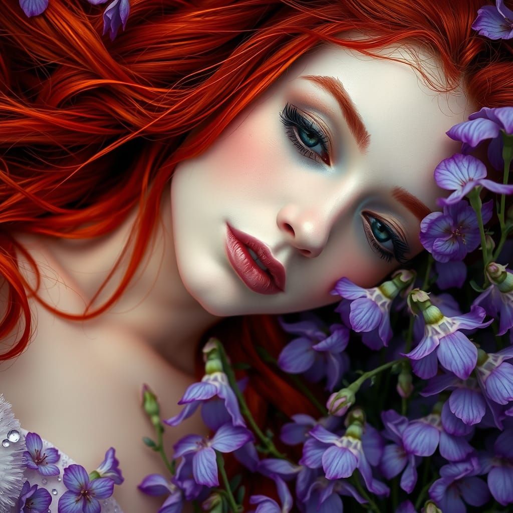 Red-Haired Woman in Purple Flowers: Impressionistic Portrait