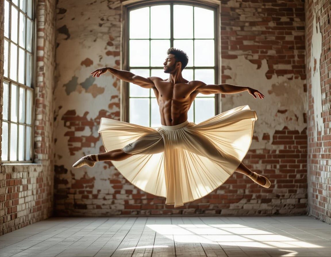 Male Ballet Dancer Leaping in Industrial Loft