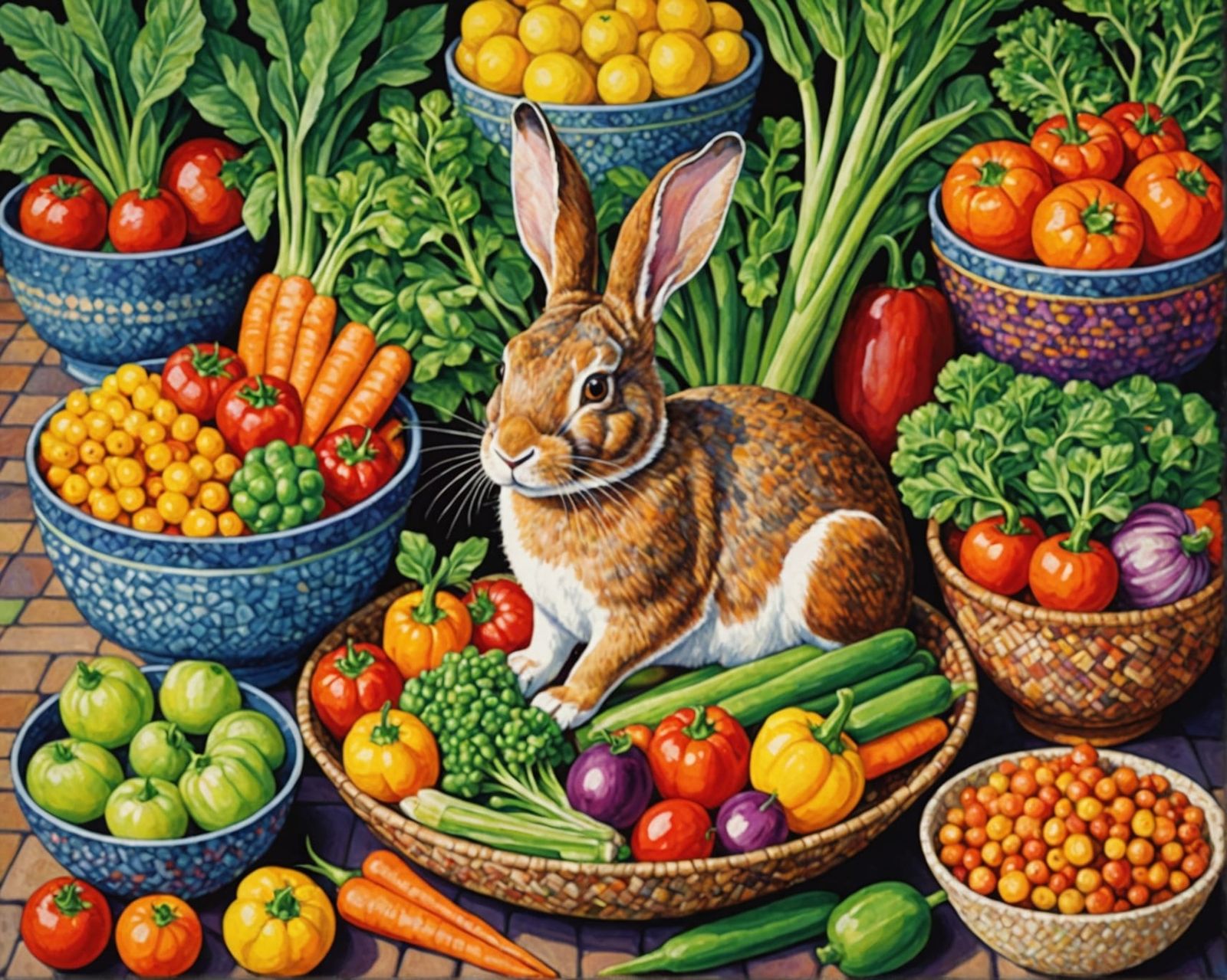Rabbit's Pointillist Feast of Vegetables in Bowls