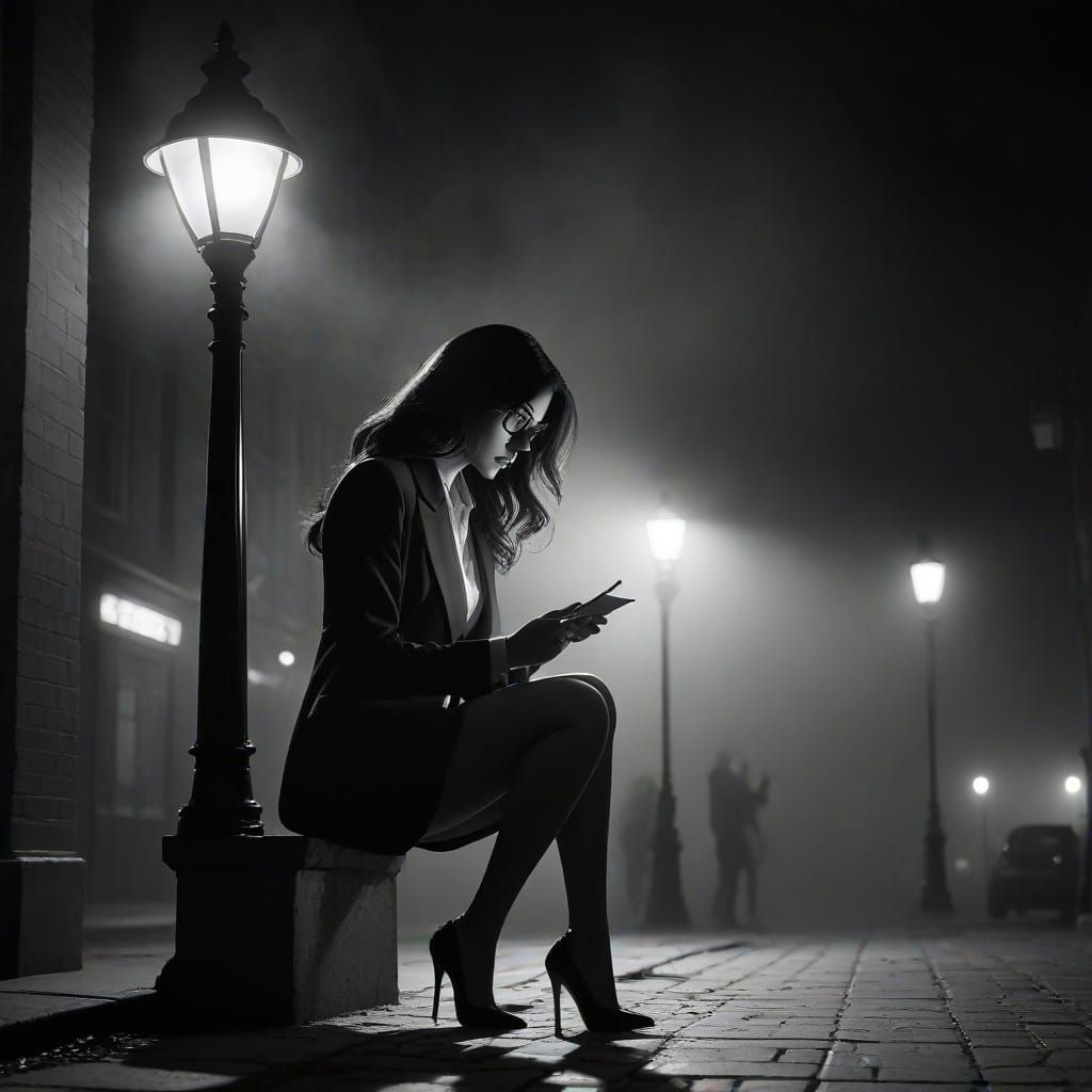 Noir Detective Investigates Under Streetlight