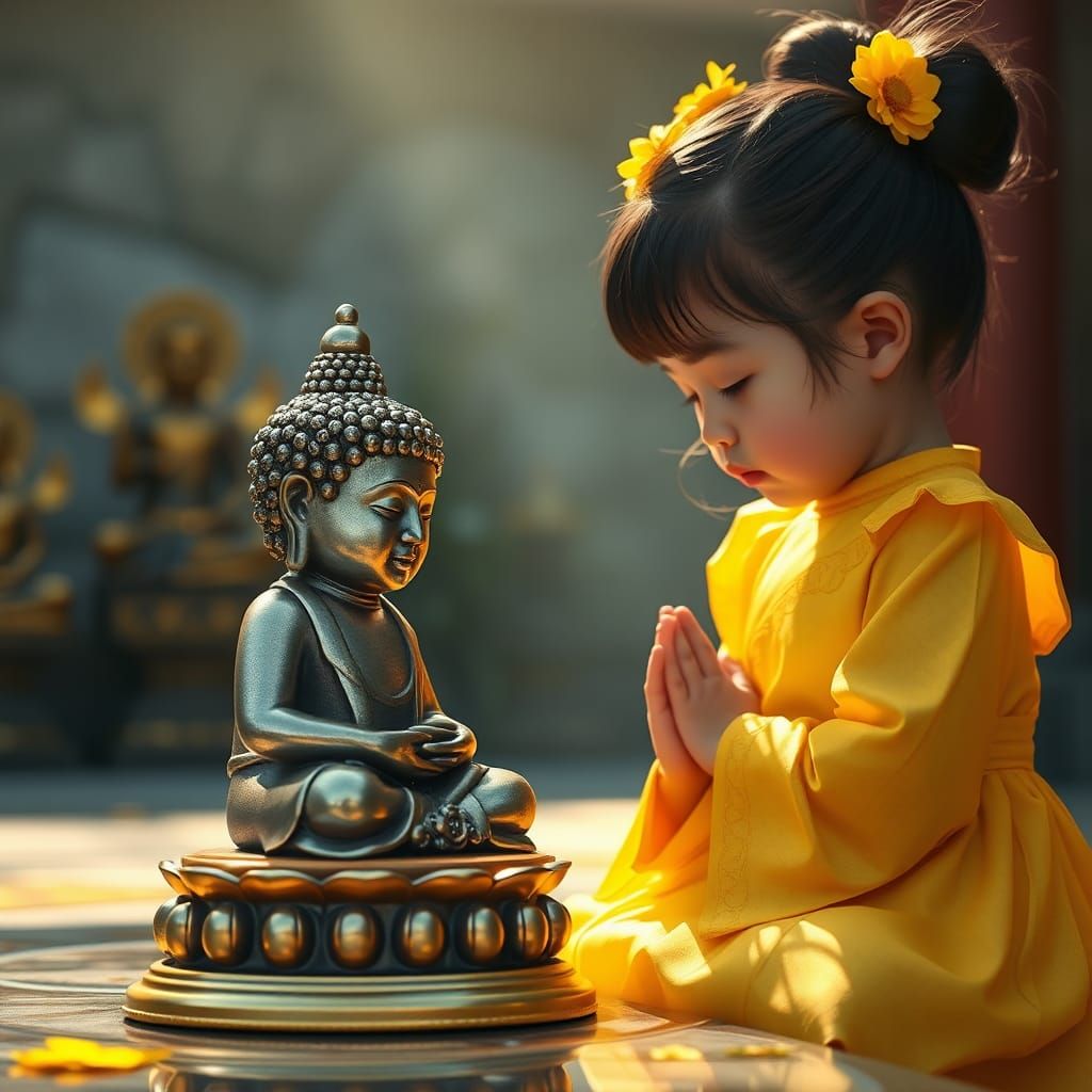 Girl Bowing to Buddha Statue: Detailed Matte Painting