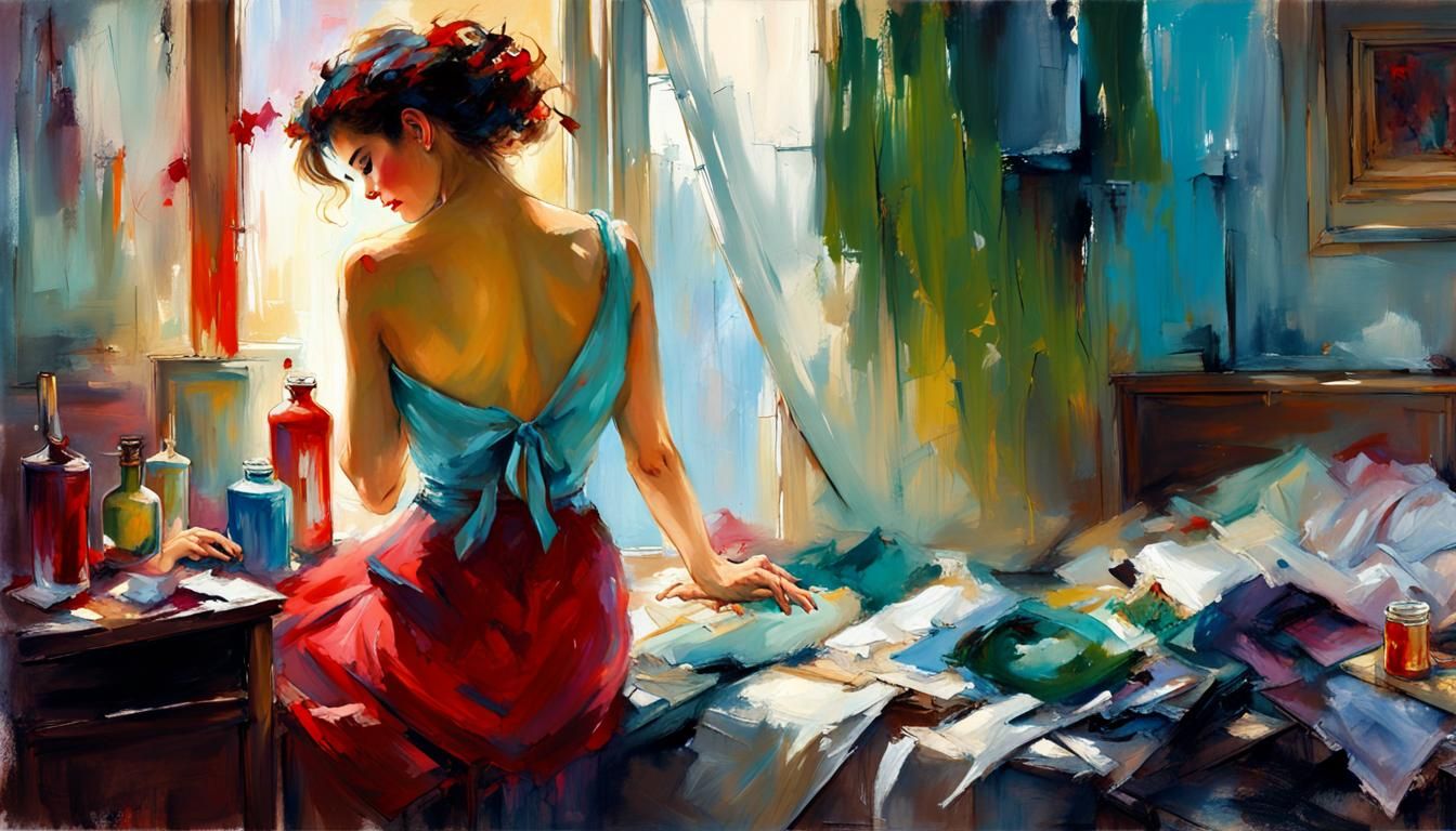 Woman Dressing in Messy Room: Cinematic Art