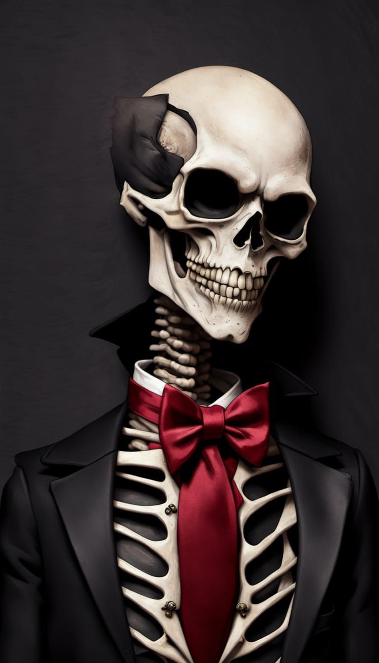 Skeleton in Tuxedo Grinning in Coffin