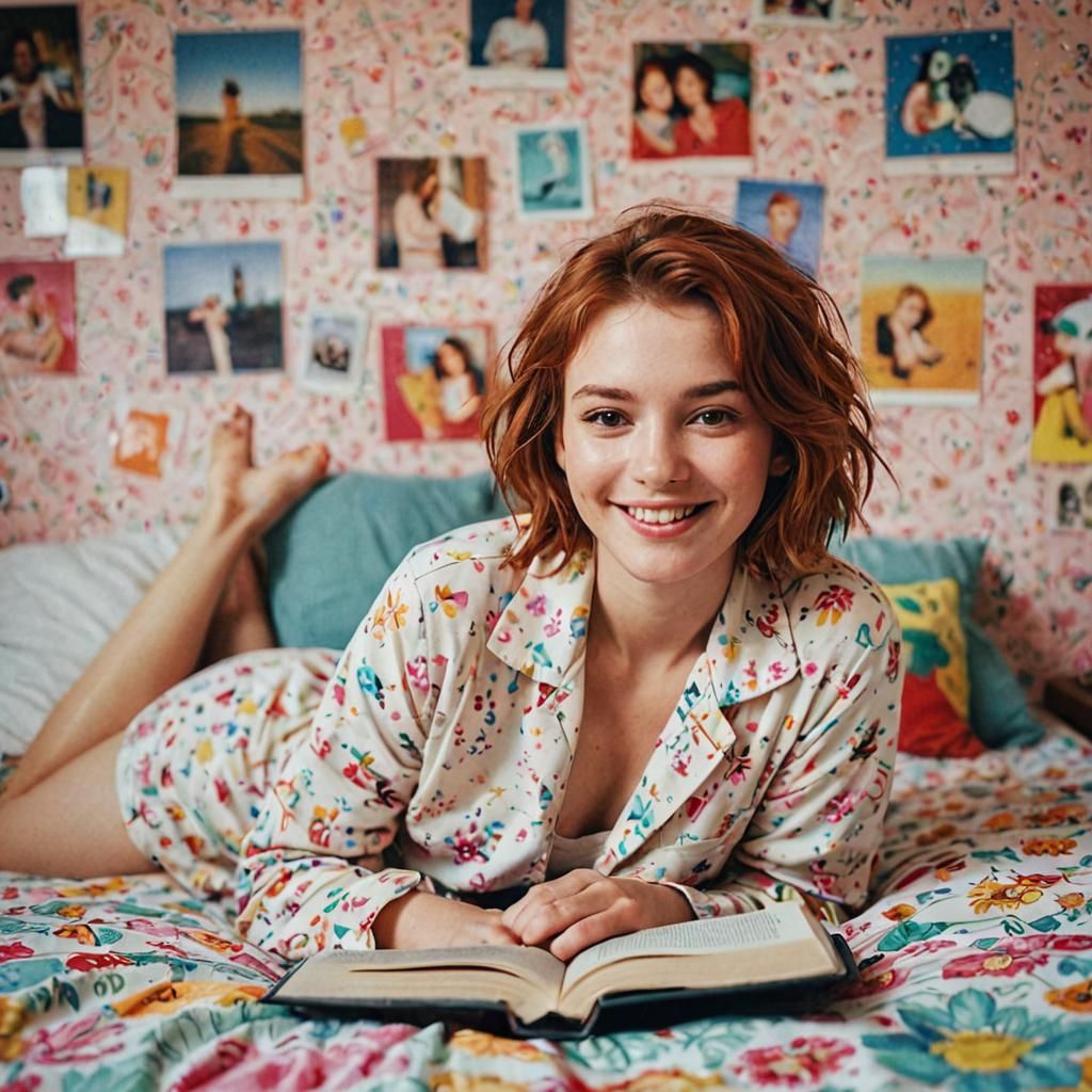 Smiling Woman Reading in Colorful Bedroom