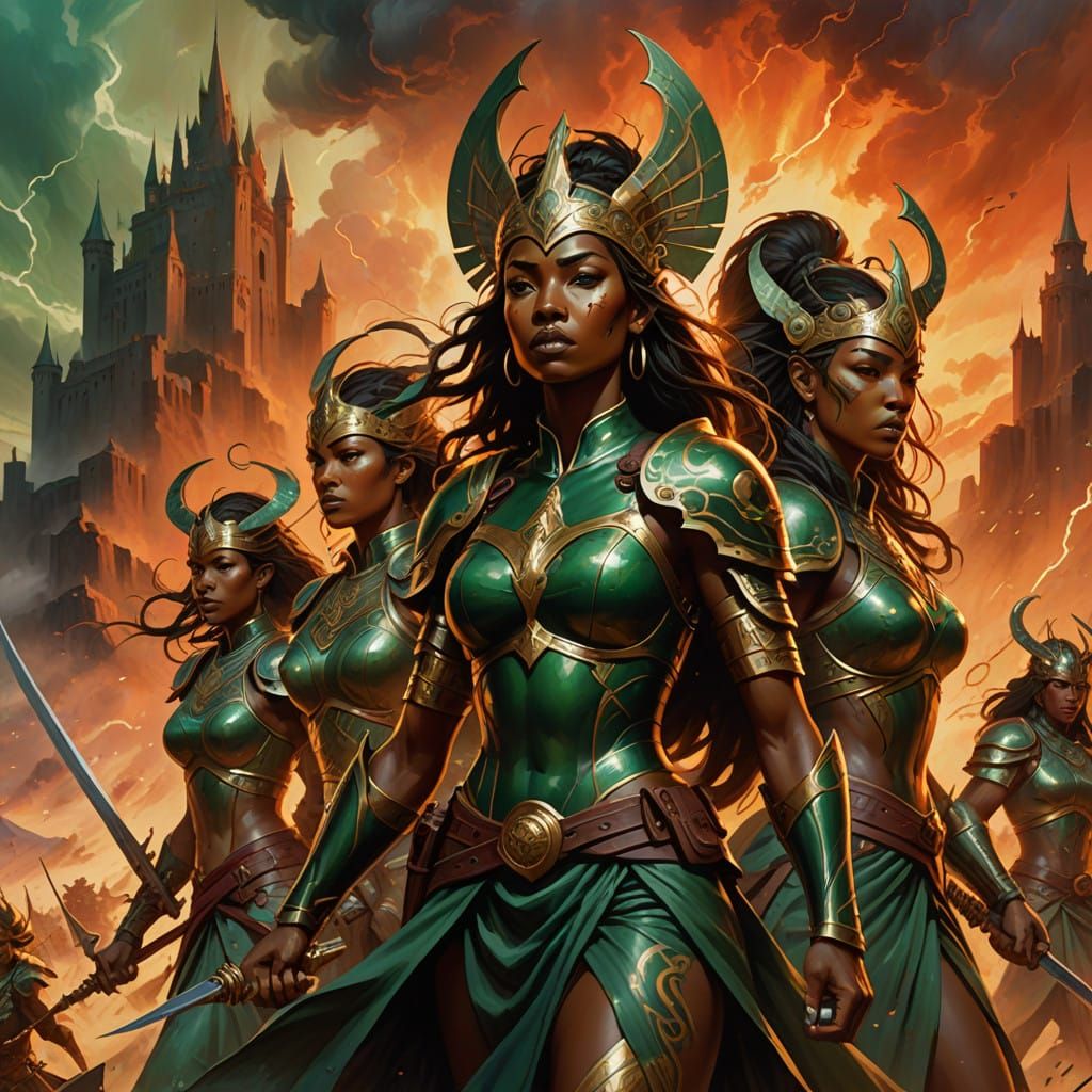 Dramatic Art Nouveau Battle Scene Under a Blood-Red Sky