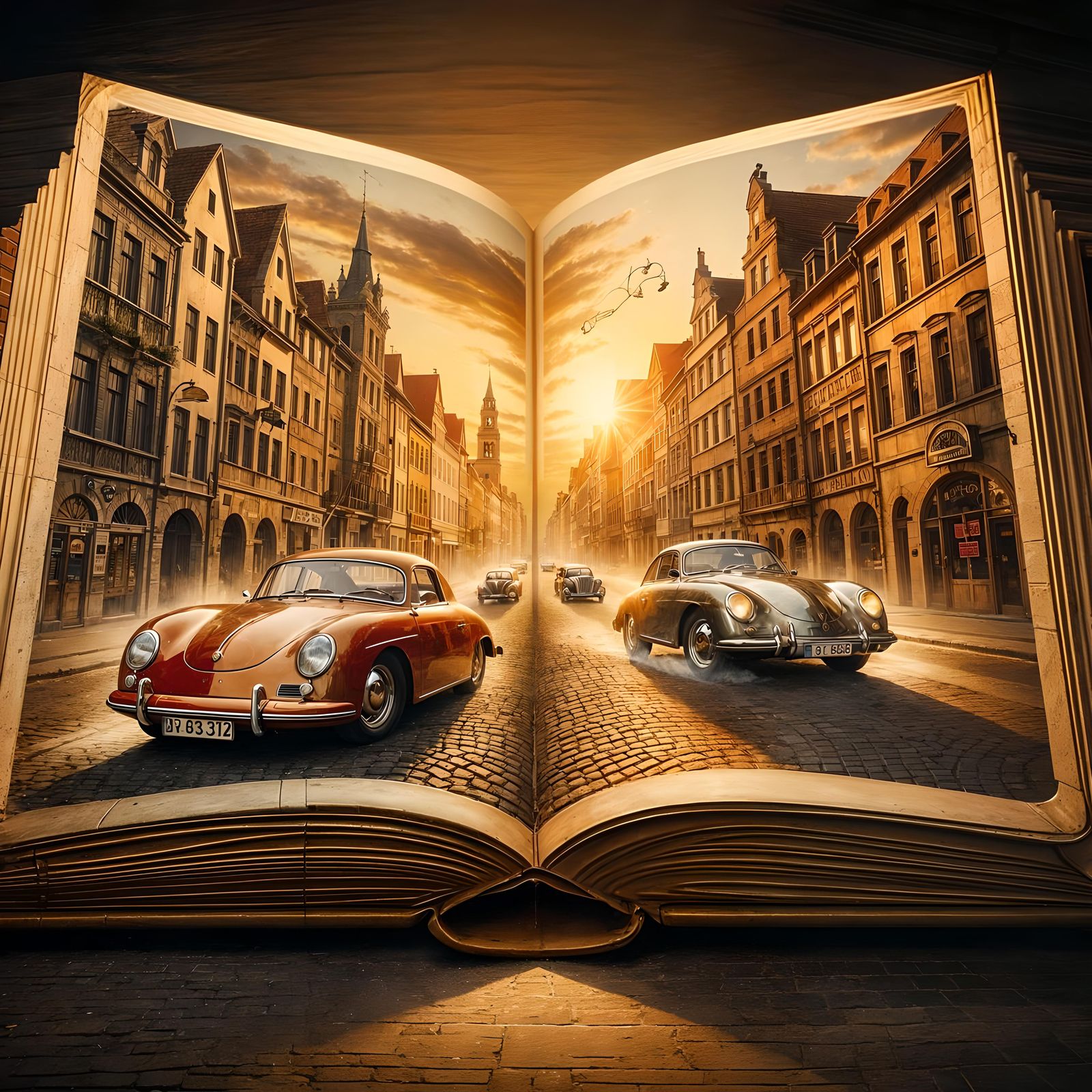 Vintage Cars Emerge from Book in Golden Light