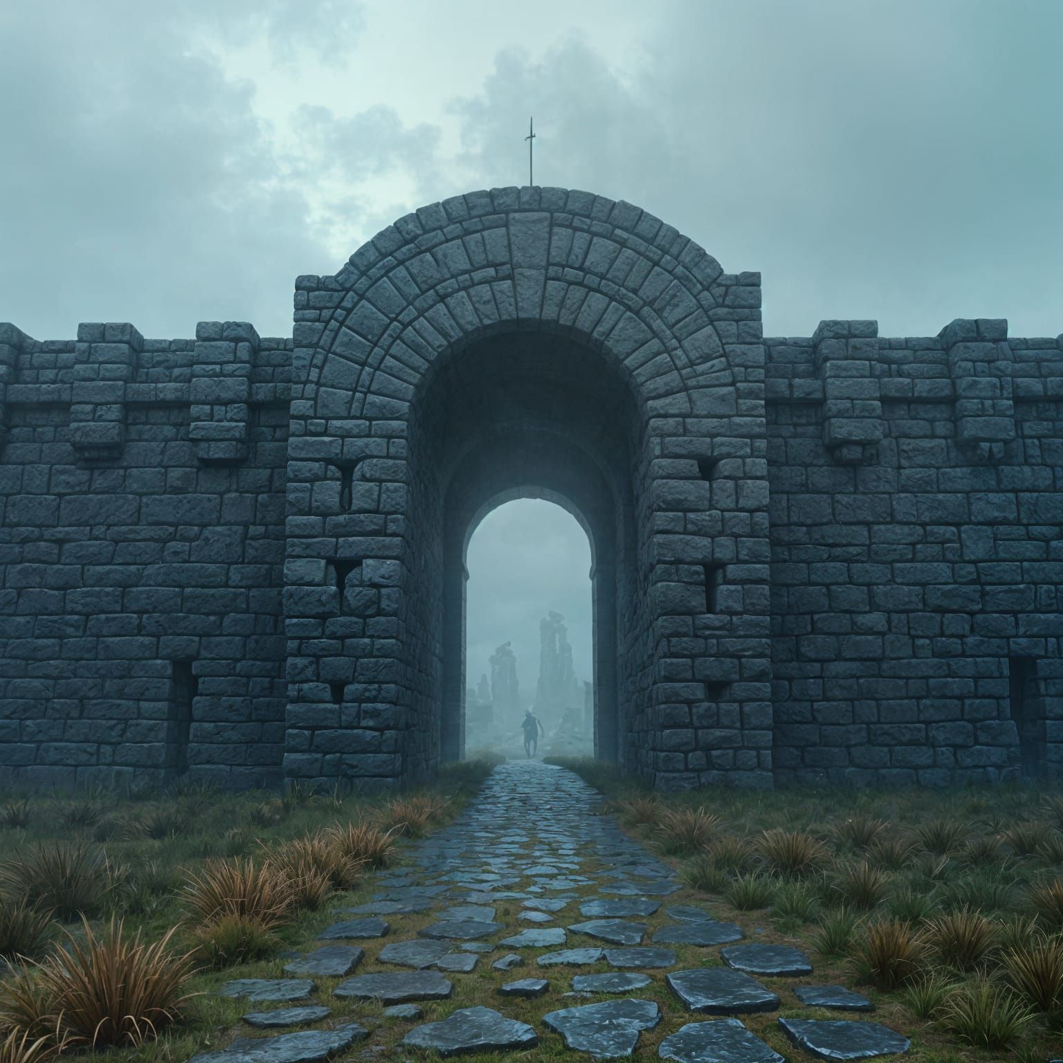Ancient Castle Stone Wall with Arched Portal