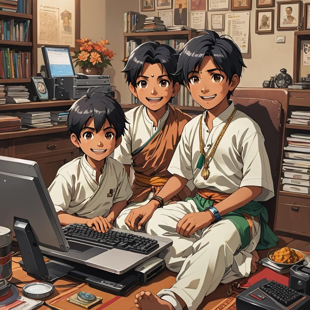 Indian Boys' Joyful Anime-Style Computer Moment