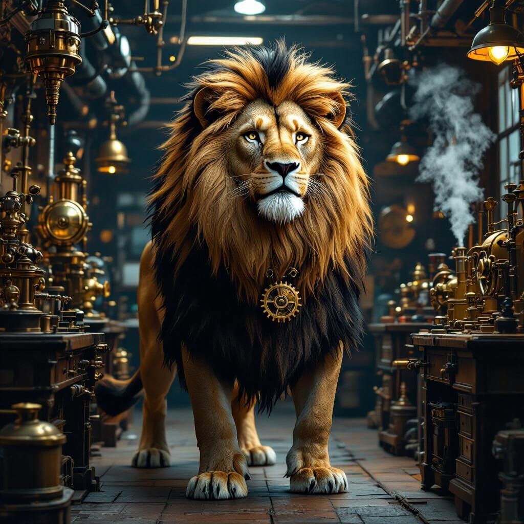 A majestic lion with a flowing, ornate mane adorned with gea...