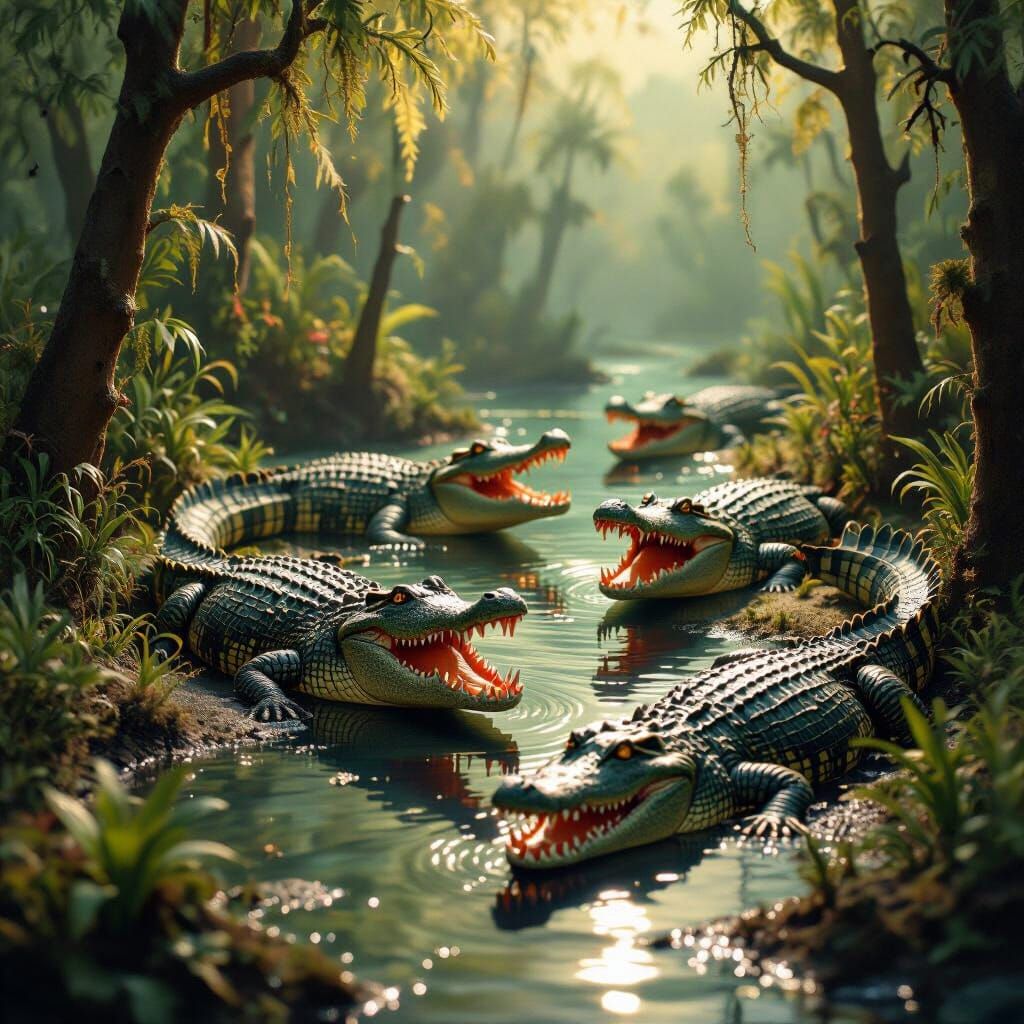 Hungry Crocodiles in Miniature Swamp Diorama
