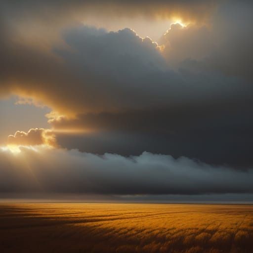 Golden Sun Shining Through Clouds: Oil Painting