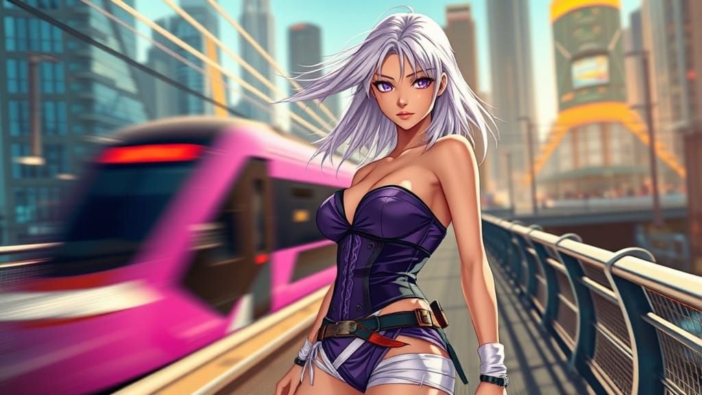 Futuristic Model on City Bridge in Hyperrealistic Anime Styl...