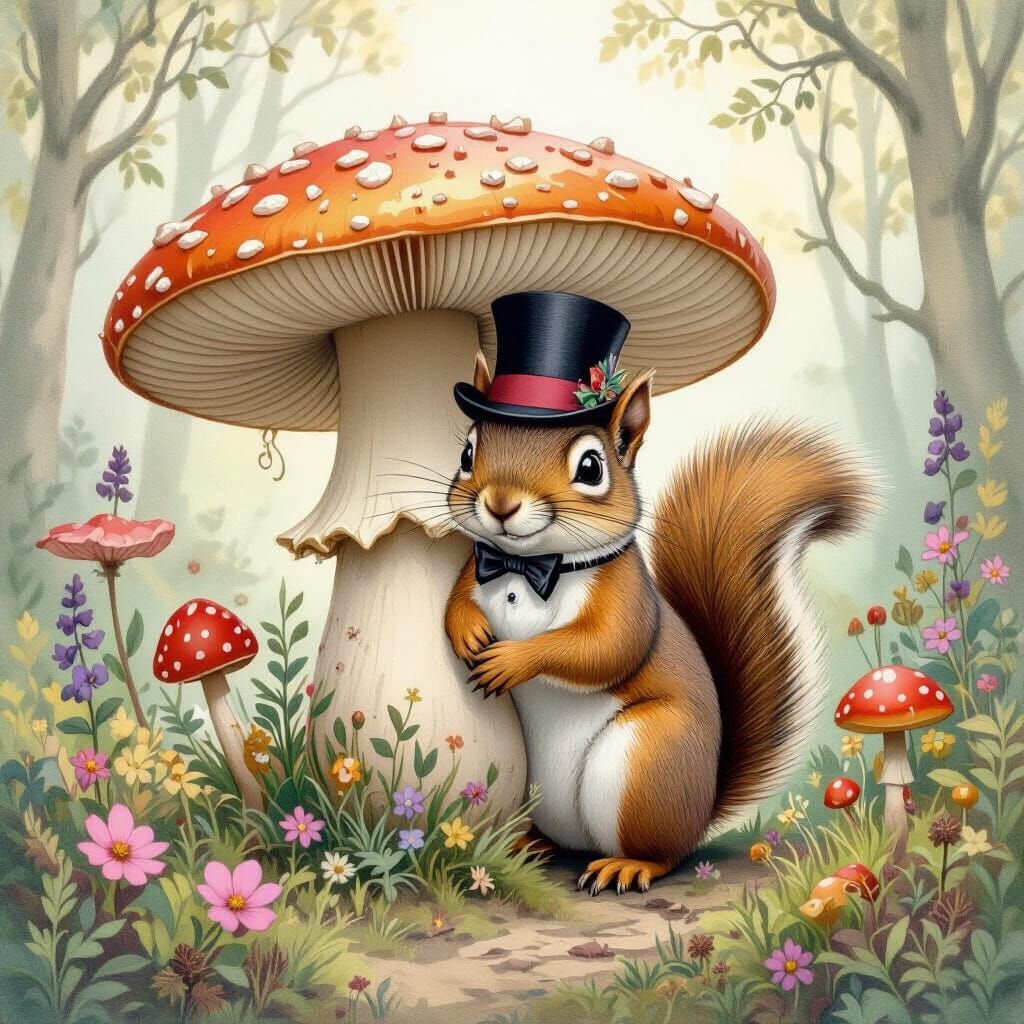 Squirrel in Top Hat in Whimsical Forest