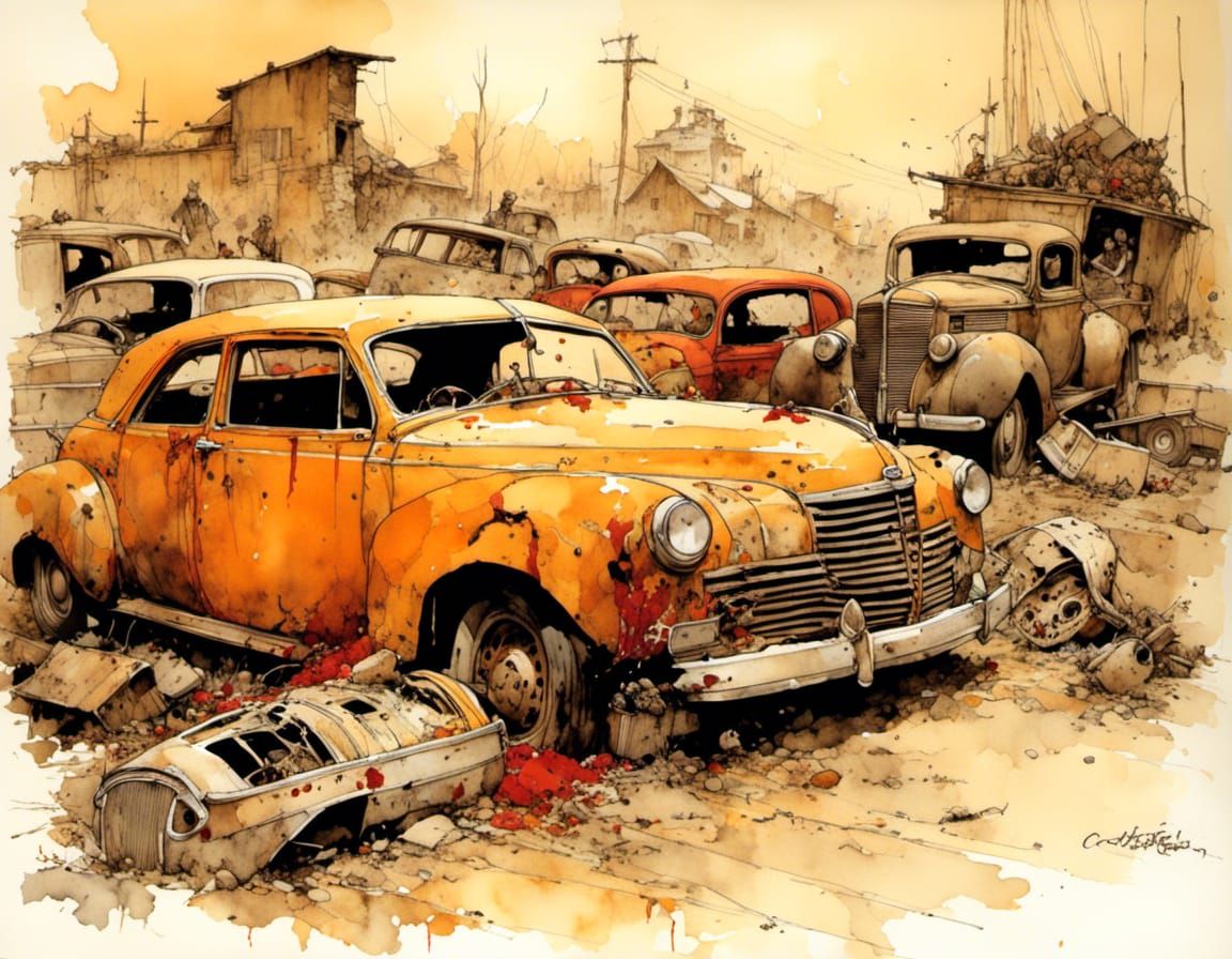 Sepia Car Wreck in Automobile Dump