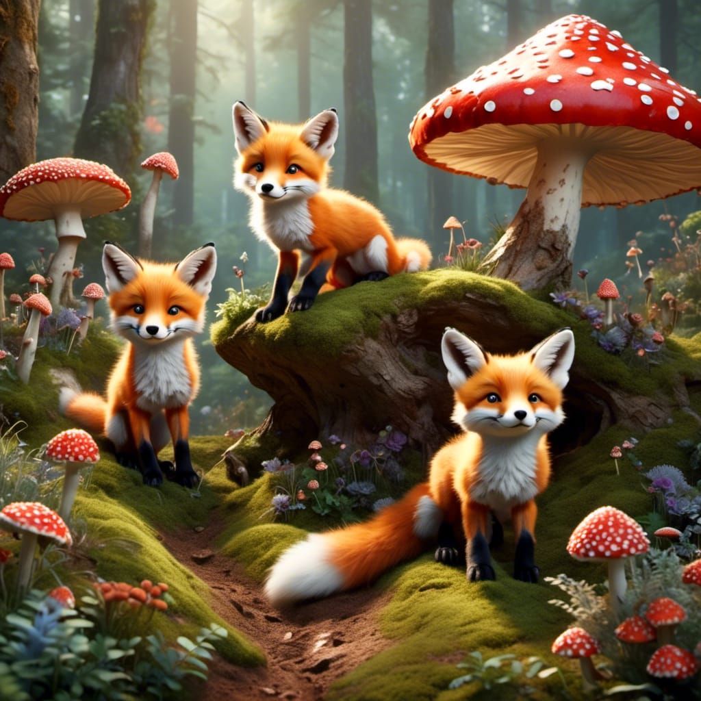 Fox Cubs Play in Fairytale Forest: 3D Render