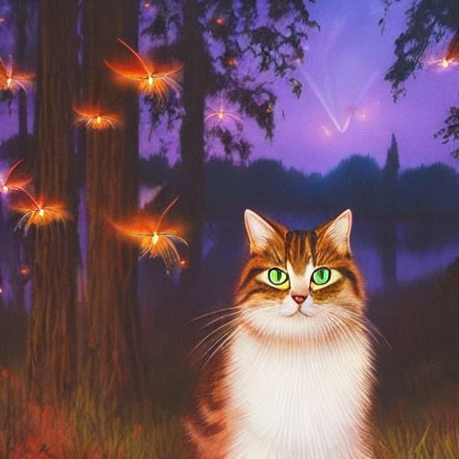 Cat Watching Fireflies in Twilight Forest