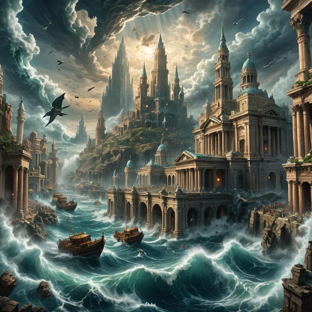 a hyper-realistic digital painting depicting the legendary fall of Atlantis. The scene shows the grand, ancient city of ...