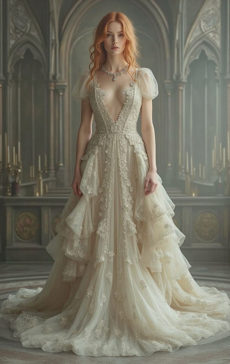 Elegant Woman in Gothic Cathedral with Pre-Raphaelite Aesthe...