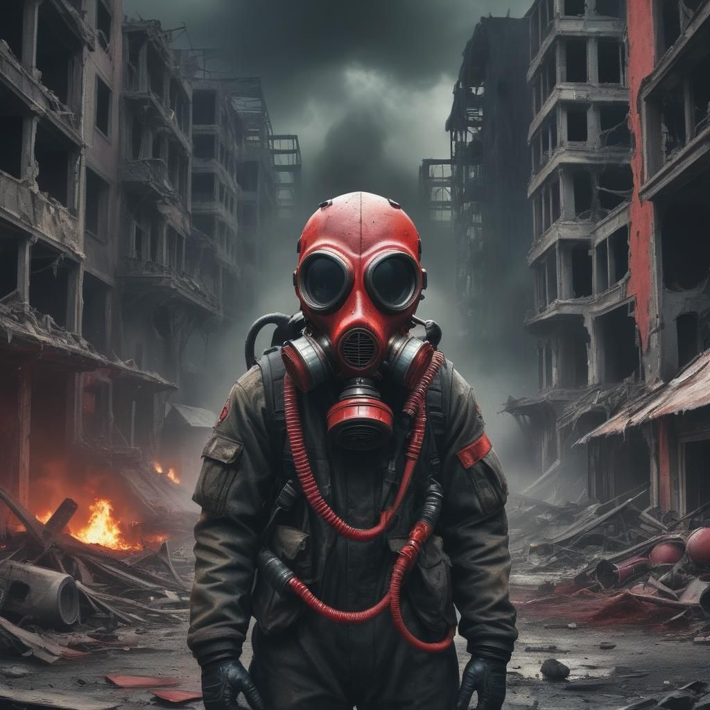 Alien in Apocalyptic Cityscape with UFOs